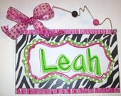 Hand personalized zebra pink girly girls room sign door hanger