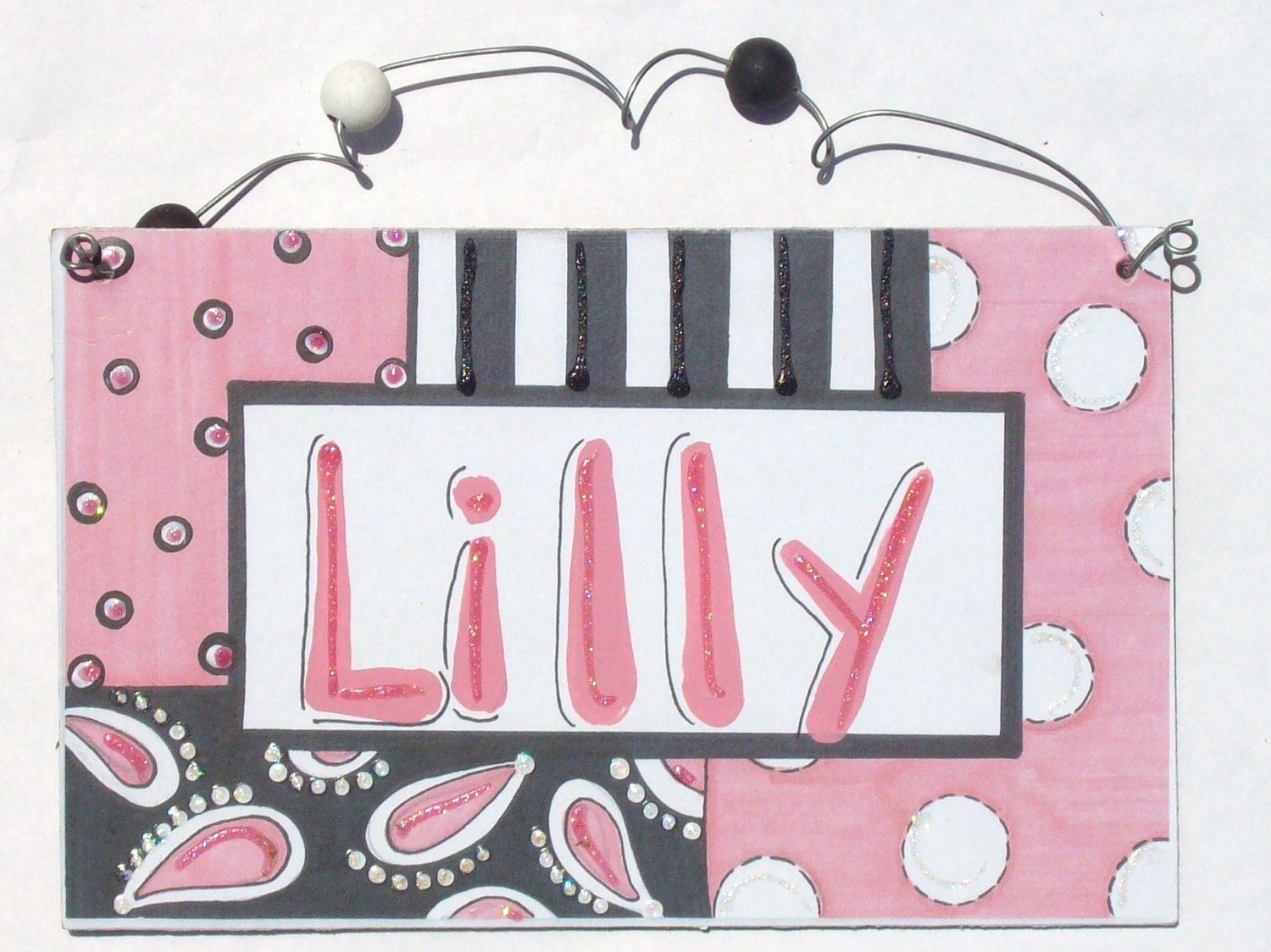 Hand personalized pink and black with paisley girly name room sign