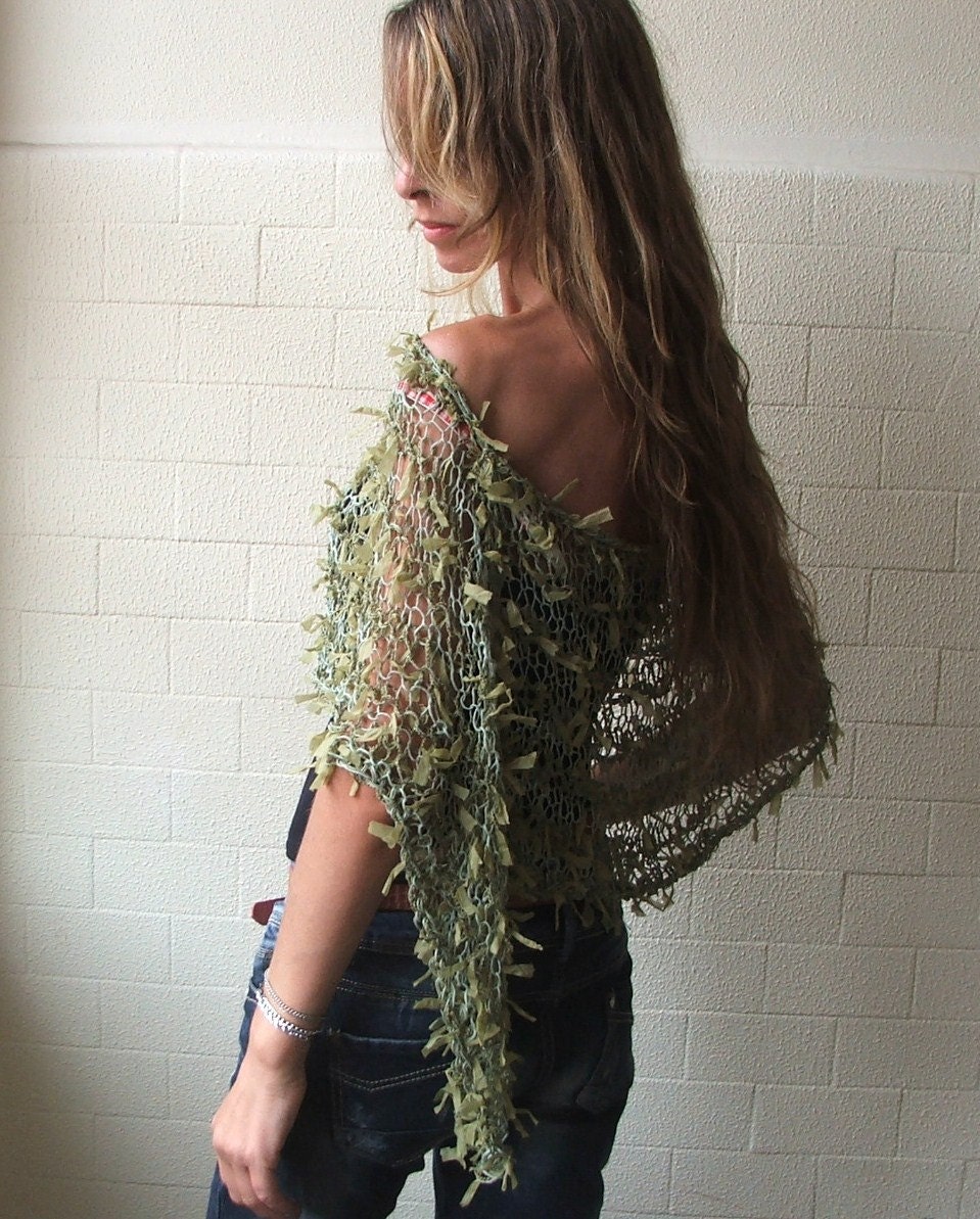 Green Poncho / Apple Green Ribbon Poncho Cape