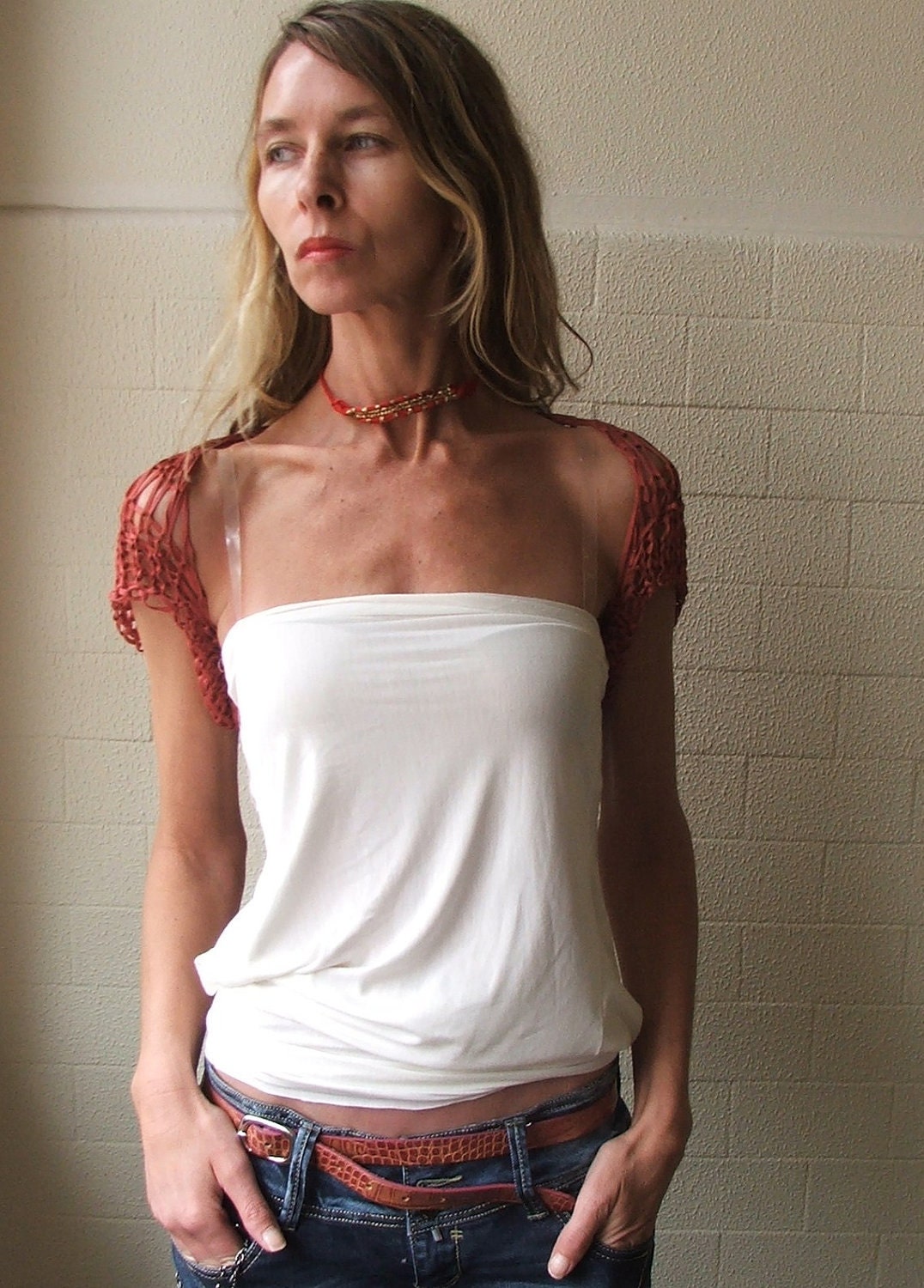 coral / terracotta red bamboo tape short sleeved shrug