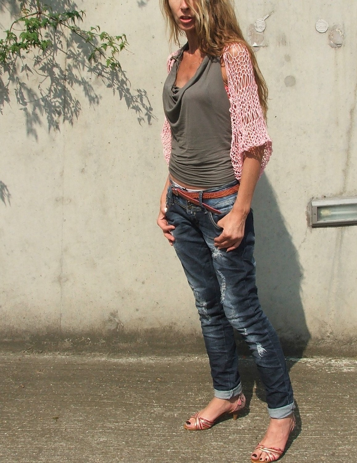pink cotton shrug /  Soft  pink Loose weave cotton shrug Ltd Edition in this shade