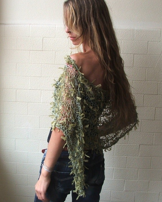 Green Poncho / Apple Green Ribbon Poncho Cape