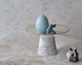 Orphaned Plate Pedestal Mid-Century Fire King milk glass plate - transluscent off-white gold edge cement base home decor