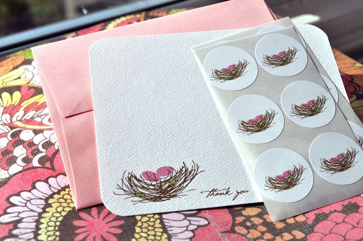 Reserved for Katie Bird Nests with Pink Eggs Thank You Card or Personalized Stationery Gift Set