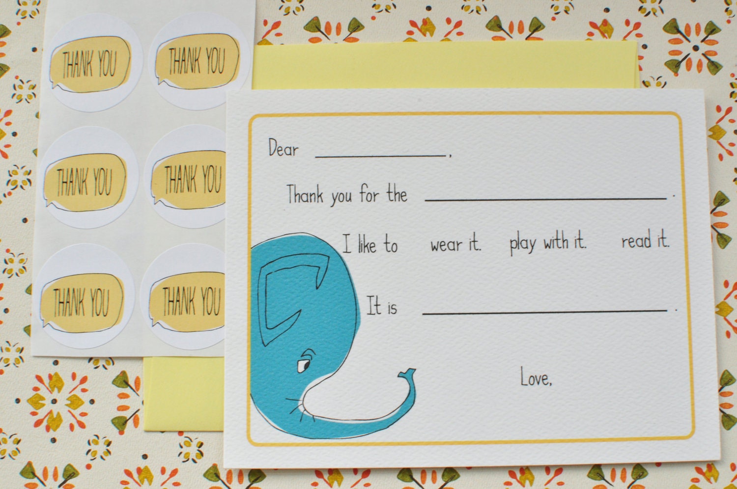 Elephant Thank You Fill In the Blank notecards gift set with stickers