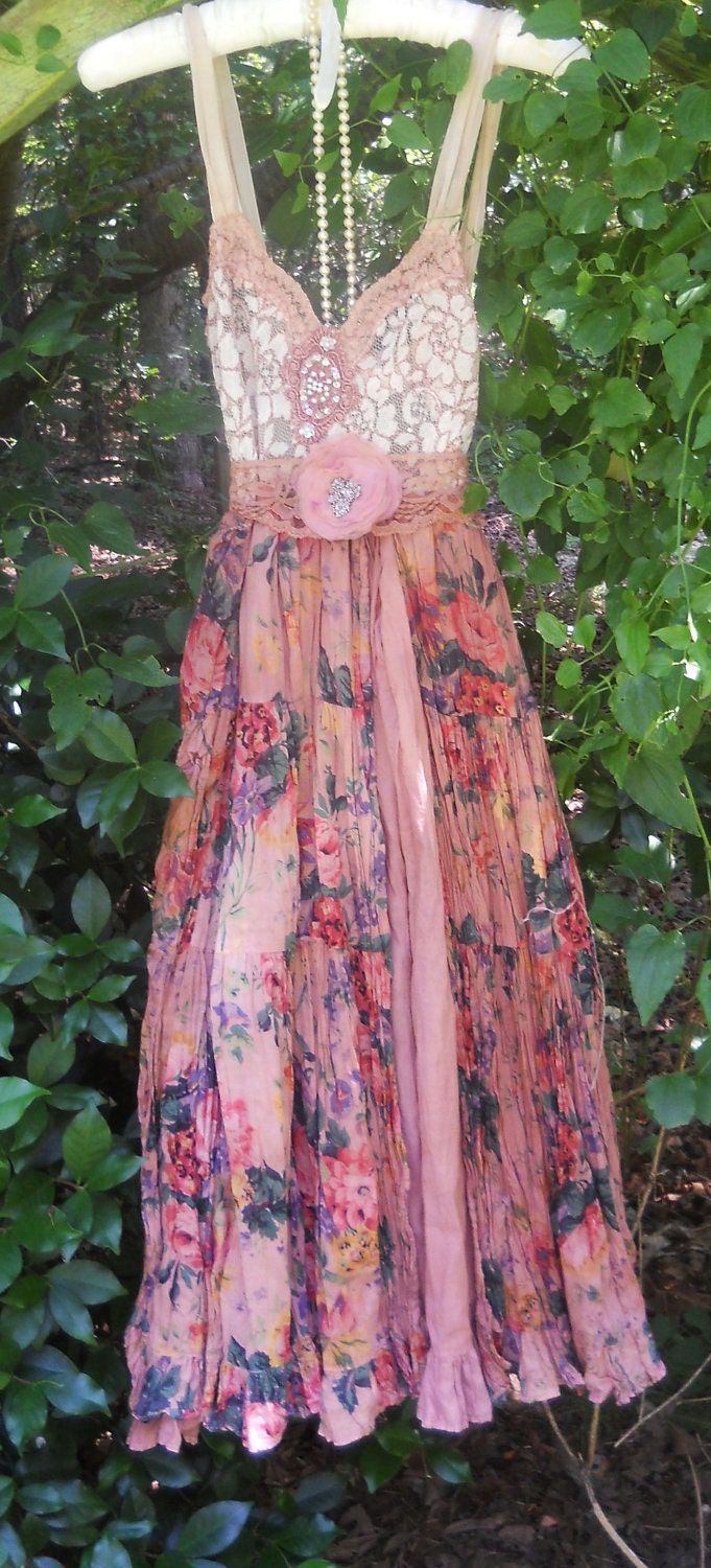Boho floral dress ruffle cotton tea stained romantic shabby wedding prairie bohemian rose medium by vintage opulence on Etsy