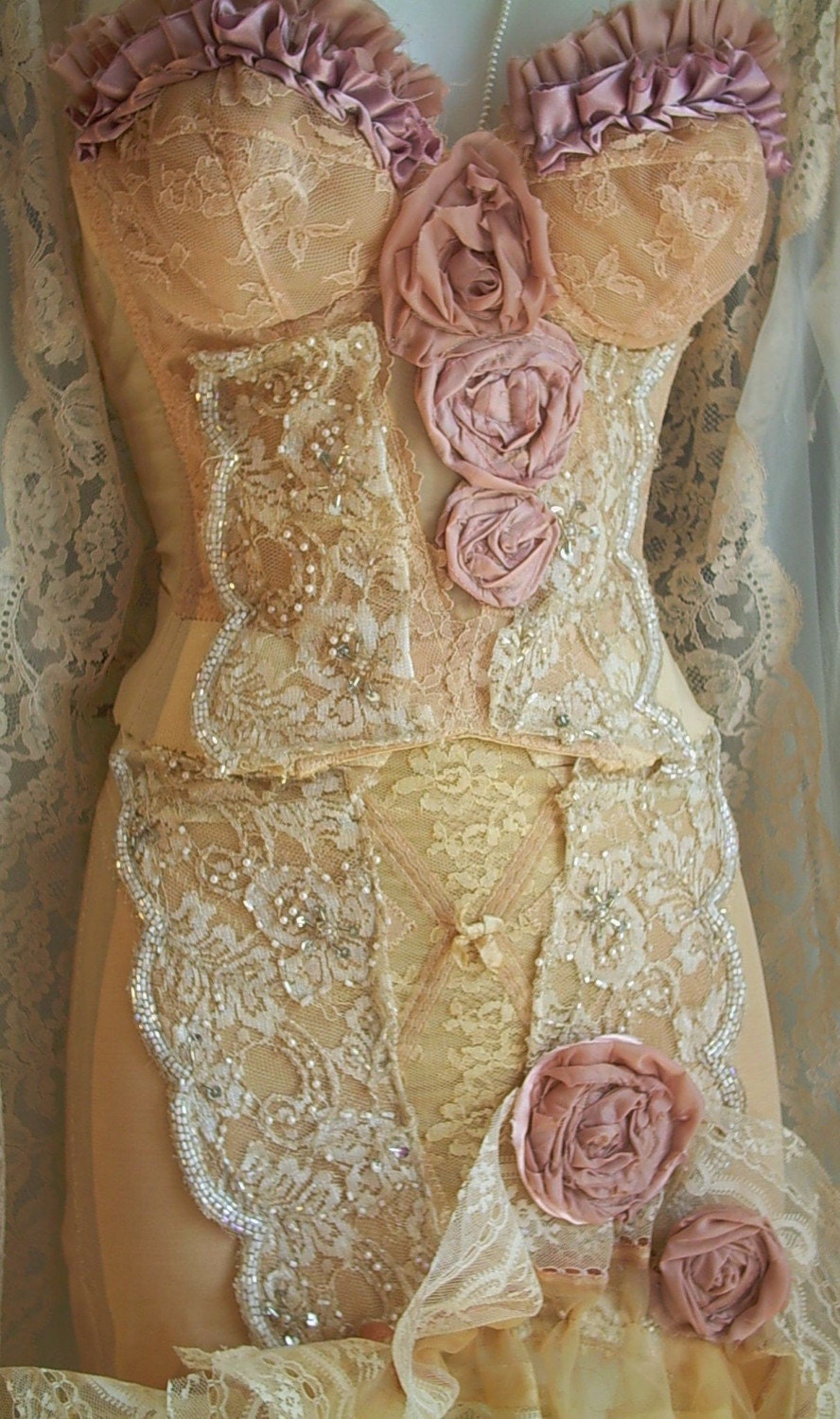 Ecru pink  beaded vintage  bustier girdle garters set roses showgirl