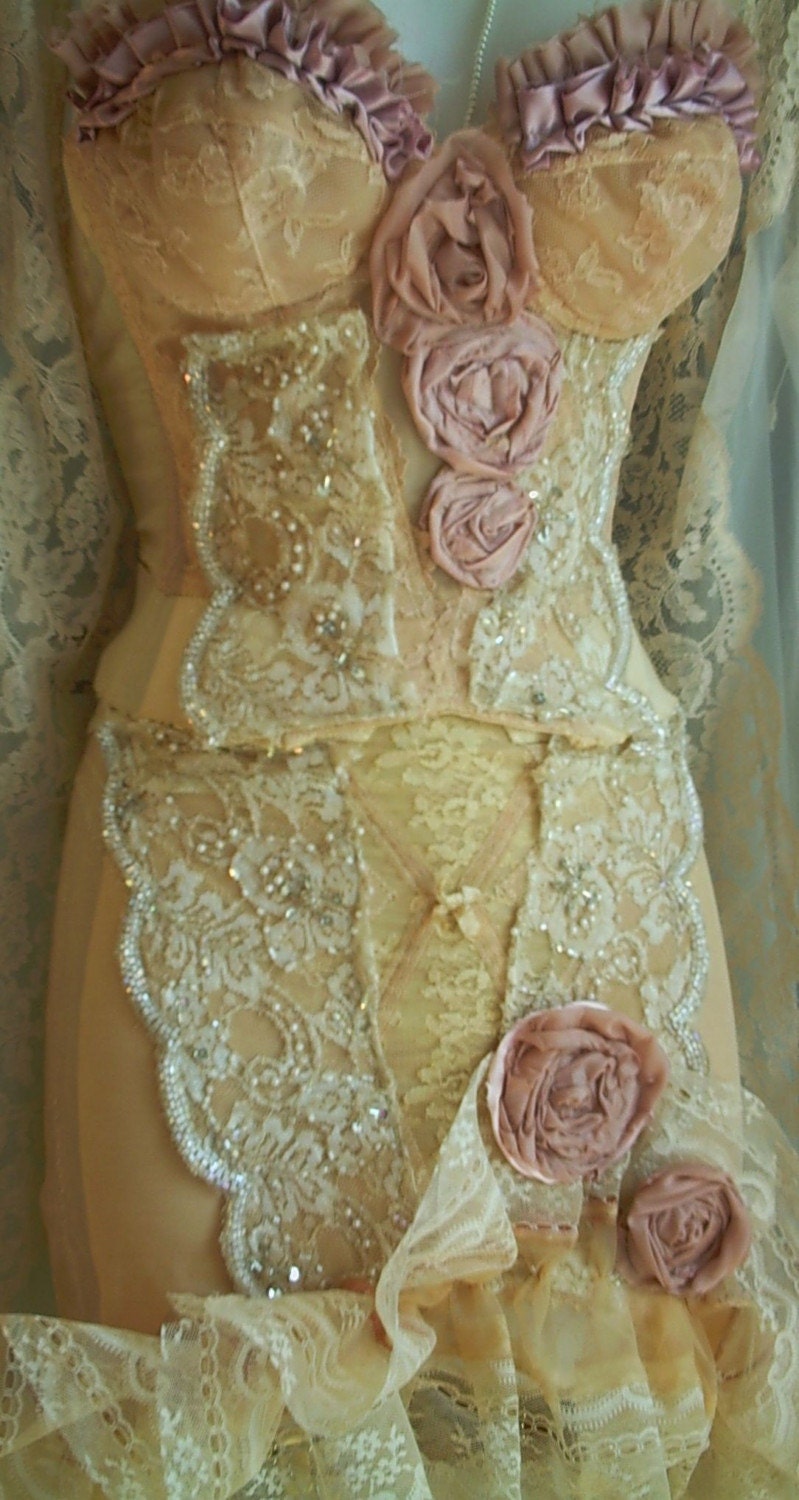 Ecru pink  beaded vintage  bustier girdle garters set roses showgirl