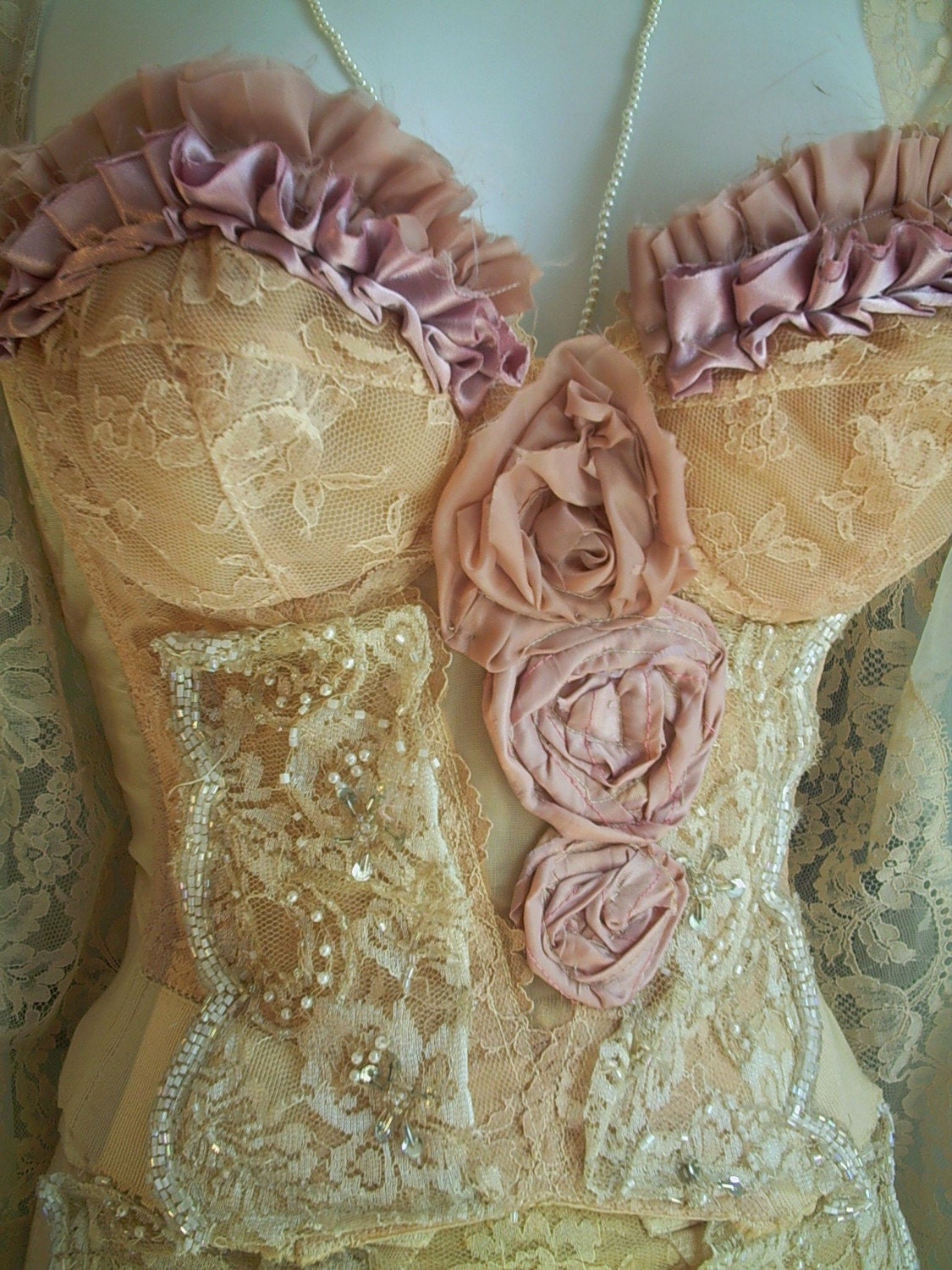 Ecru pink  beaded vintage  bustier girdle garters set roses showgirl