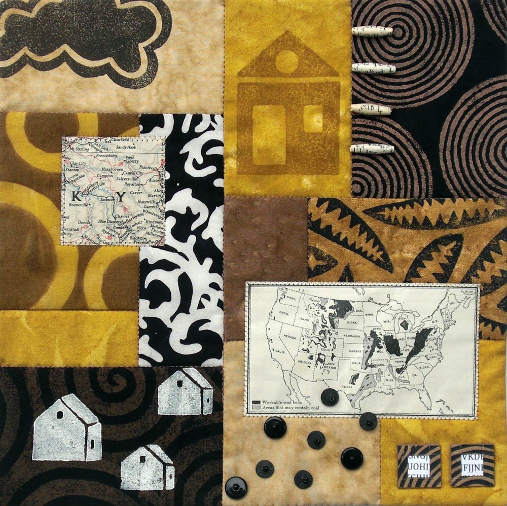 Essentials of Geography II - Original Mixed Media Fiber Collage Brown Black Gold