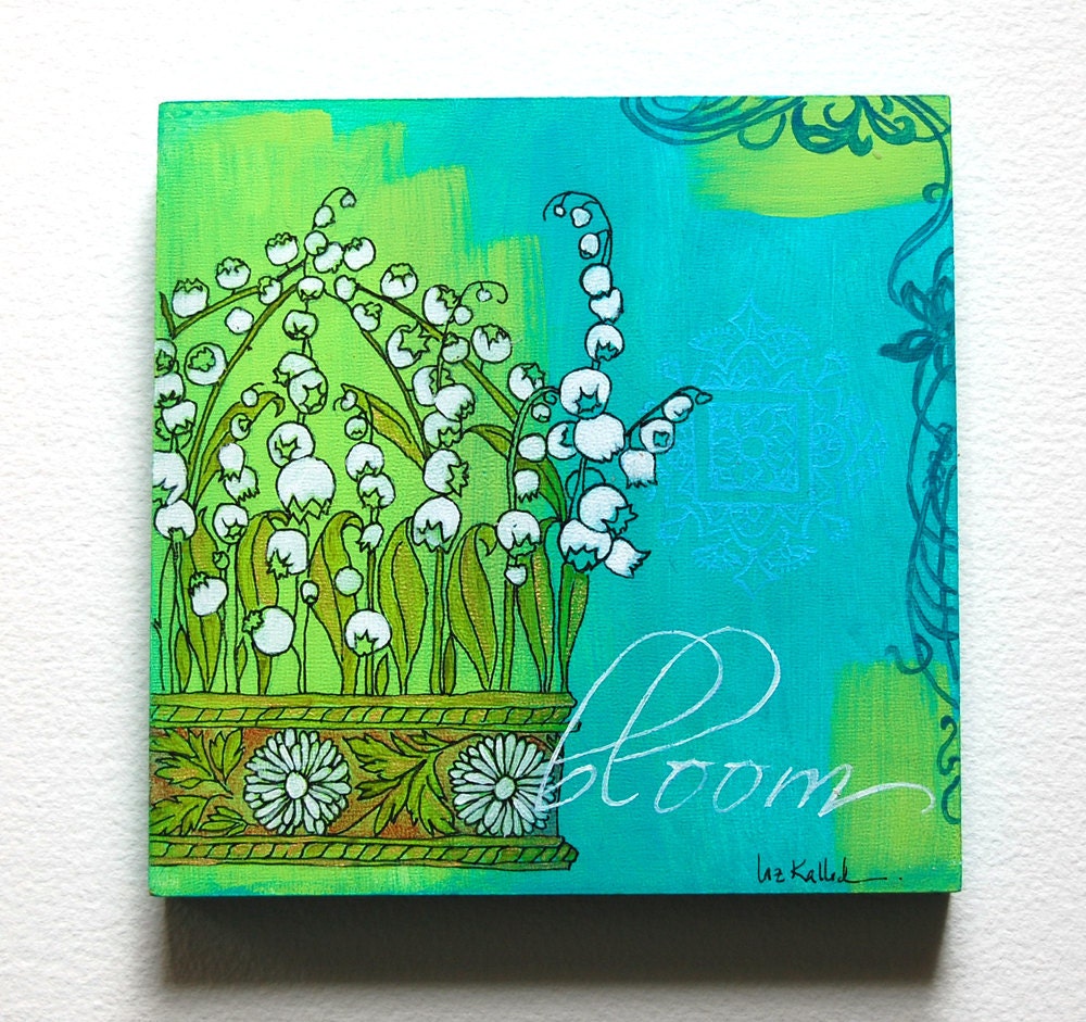 Lily of the Valley Crown - original painting - 6x6 turquoise acrylic ready to hang