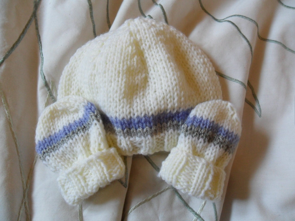 Baby Beanie and mittens set - cream, grey and lavender 3 sizes available