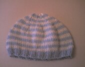 Baby beany. Powder blue and cream stripes 6-12 months