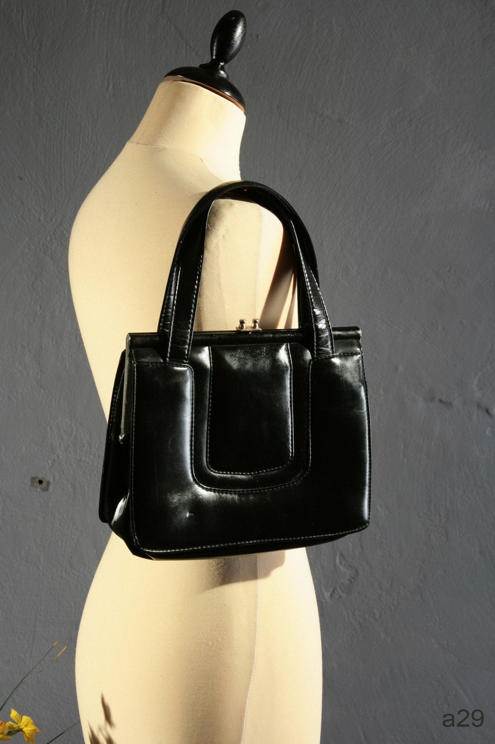 SALE...Vintage 1960s Black Handbag / Kelly Style Purse