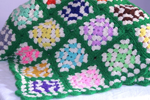 Vintage Granny Square Afghan Throw with Scalloped Edge - Perfect Condition  - Brilliant Colors - Neon
