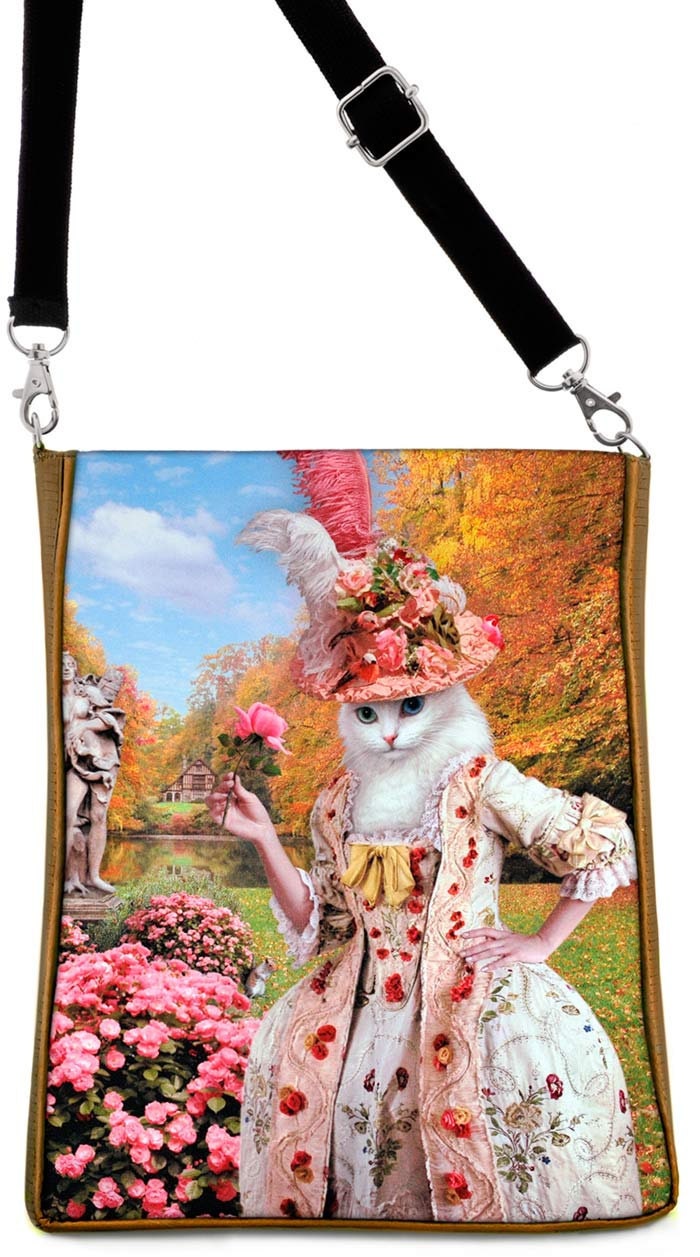 Printed LARGE shoulder bag purse with 'The Lady of the Roses ' Bohemian Cats print with gold silk mix.