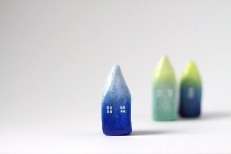 Little Home No 197 - Ombré little clay house - Cobalt blue and light blue