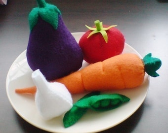 Felt Vegetables I - Eggplant Carrot Garlic Tomato Peas (PDF Patterns and Instrucrions via Email)