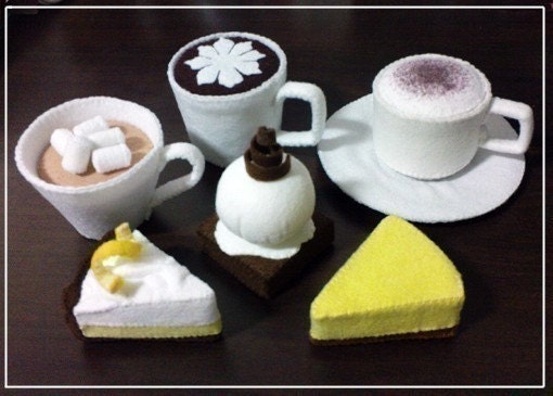 Cafe Felt Patterns - Cafe Mocha, Latte, Cappuccino, Lemon Meringue Pie, Cheesecake, Brownie (Patterns and Instructions Email)