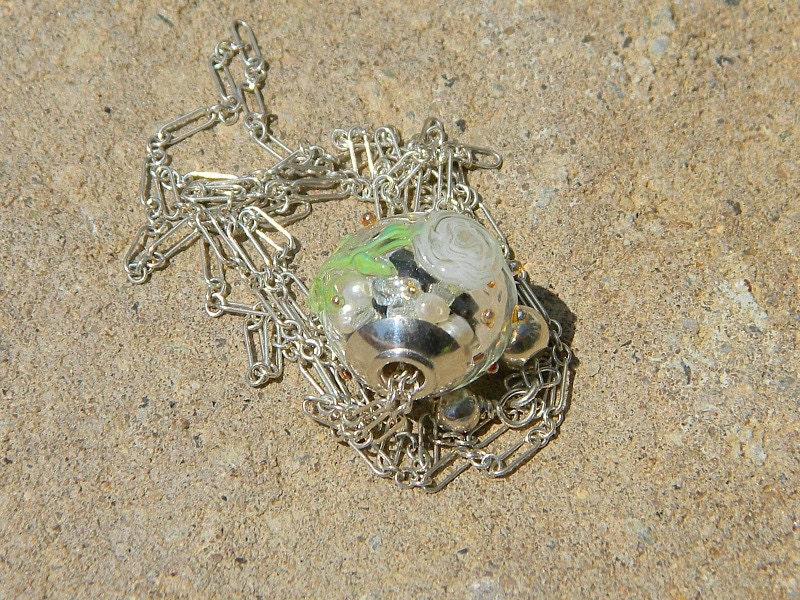 Handmade Lampwork Glass Bead -Black Tie globe- large hole hollow- silvered cored -   SRA B54