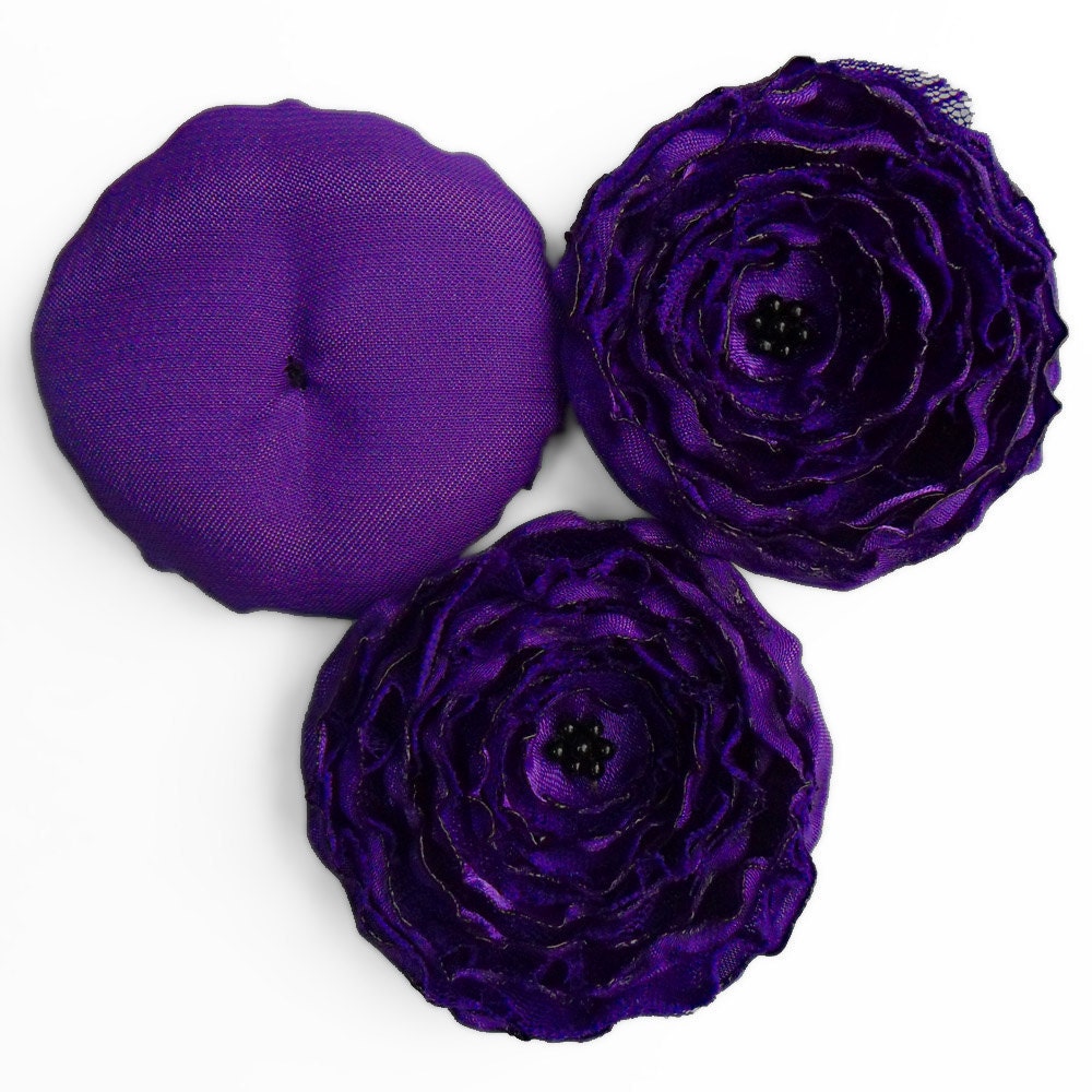 3 Handmade fabric flowers - big dark purple satin and lace appliques