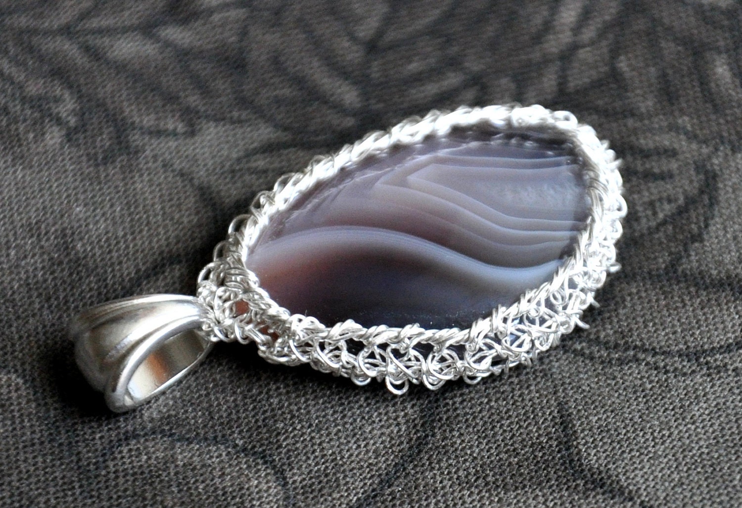 Botswana agate pendant with fine silver crocheted wire wrap