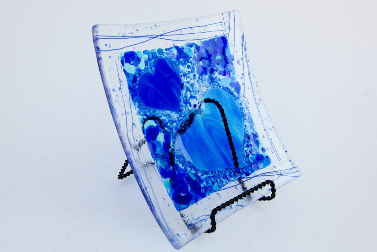 Blue fused glass frit heart plate  7.75 x 7.75