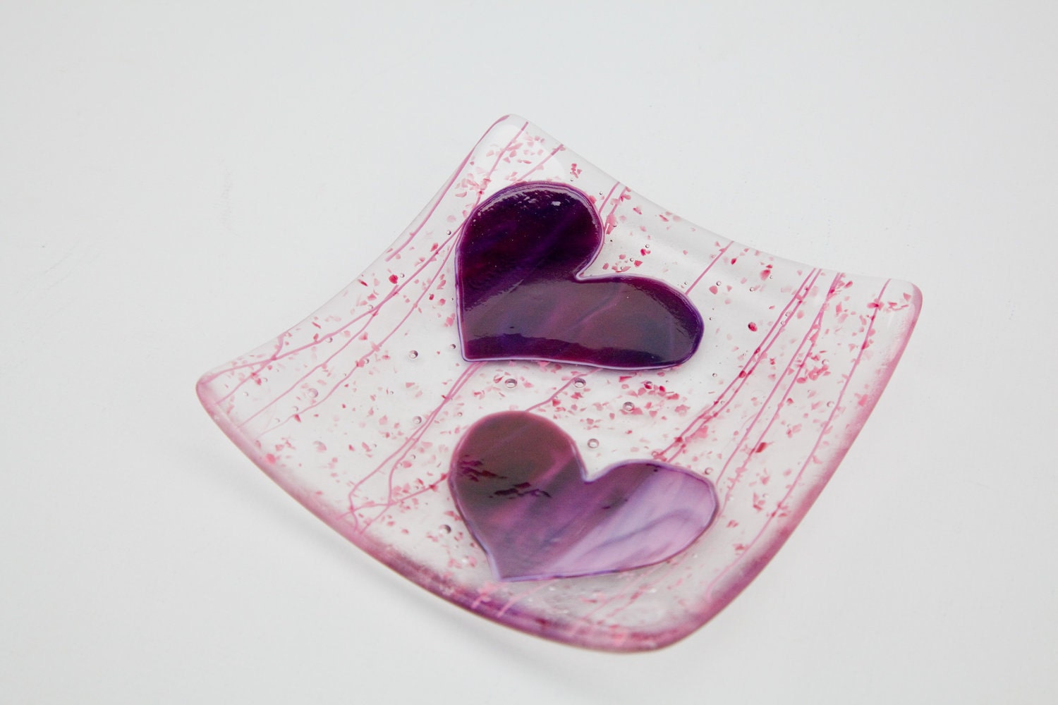 Pink & purple fused glass mardi gras heart plate  6.5 x 6.5
