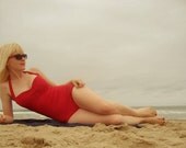 Red Retro Pin Up Halter Swimsuit One Piece maillot Made to Order