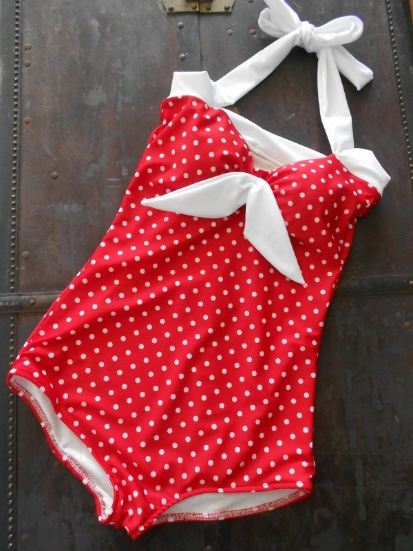 The Bella ..  Red and White Polka dot one piece Maillot Swimsuit Made to order