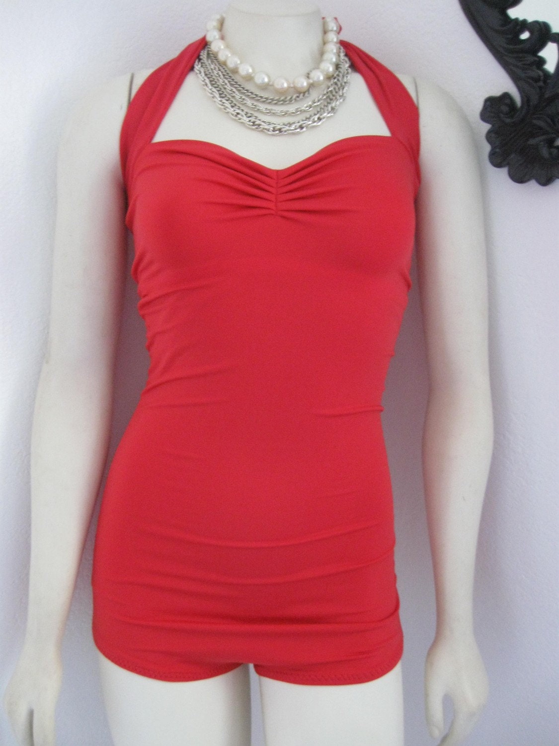 Red Retro Pin Up Halter Swimsuit One Piece maillot Made to Order
