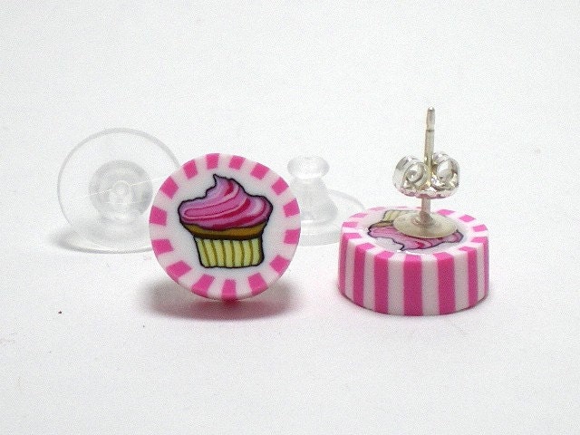 ON SALE Pink Striped Cupcake Post Earrings