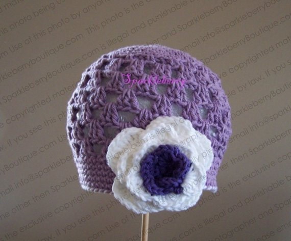 Crocheted Beanie Hat "The Mai" Ready to Ship Size 2-4 Years Light Grape White Grape Flower Trim Whipstitching