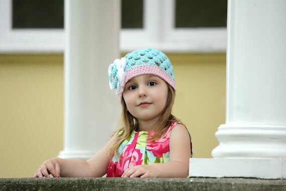 Crocheted Beanie "The Madison Rose" Robin's Egg Blue, Pastel Pink, White, Flower Open Weave Custom Colors