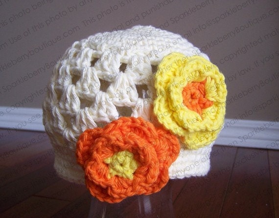 Crocheted Beanie Hat "The Sonny" Ivory Sunshine Hot Orange Spring Summer Cap Bright Flowers