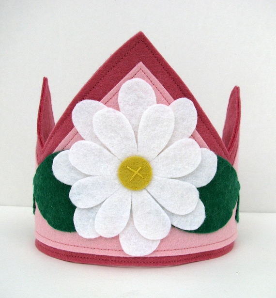 Wool Felt Crown --pink with white flower