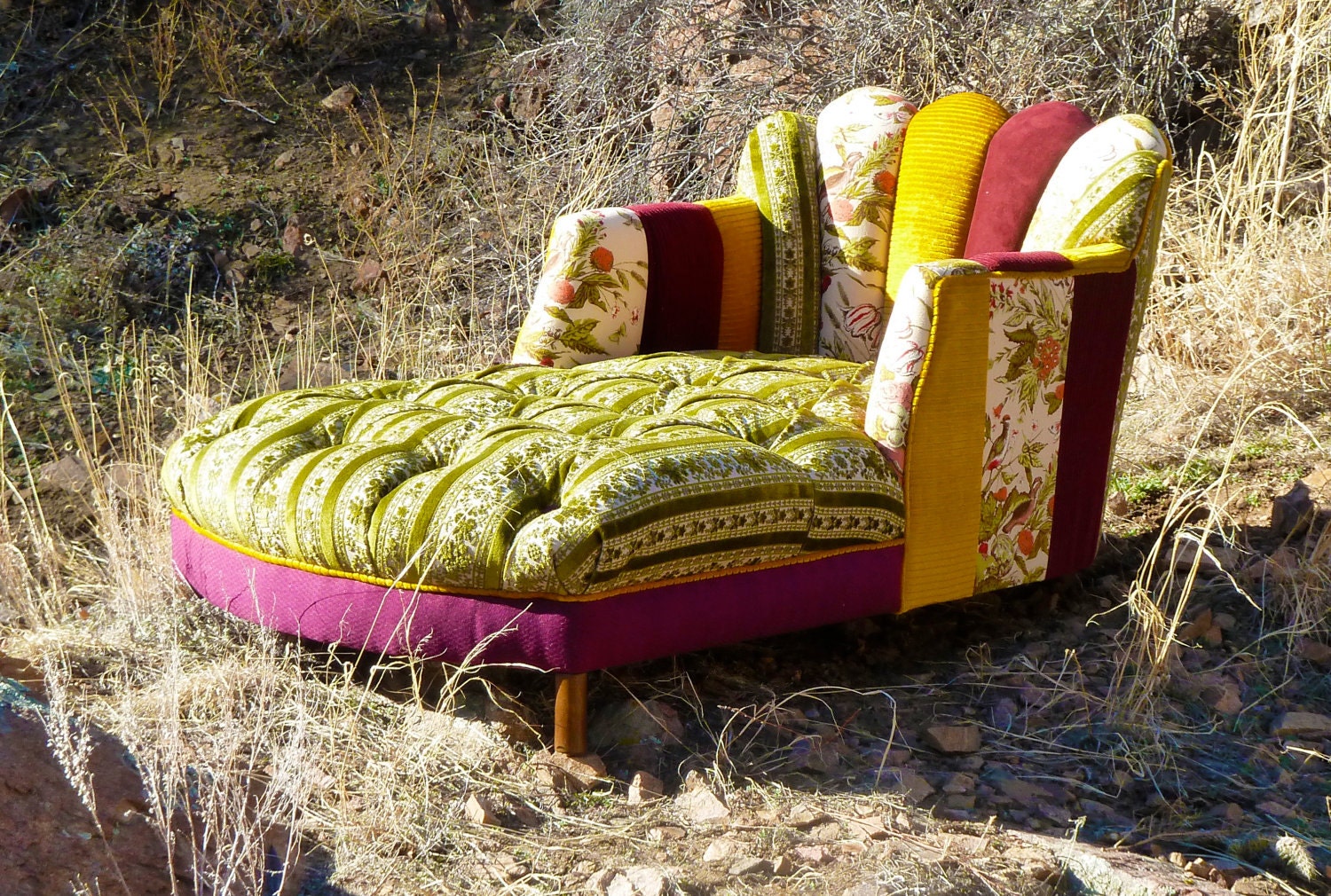 Vintage Patchwork Channel Tufted Chaise Lounge
