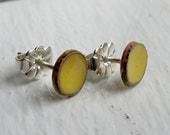 Post Earrings - Dijon Mustard Yellow Post Earrings - small stud - handmade copper enamel jewelry