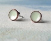 Mint Green Stud Earrings - Arctic Lichen- Small Post Earrings - handmade soft green enamel and copper earrings with sterling silver stud