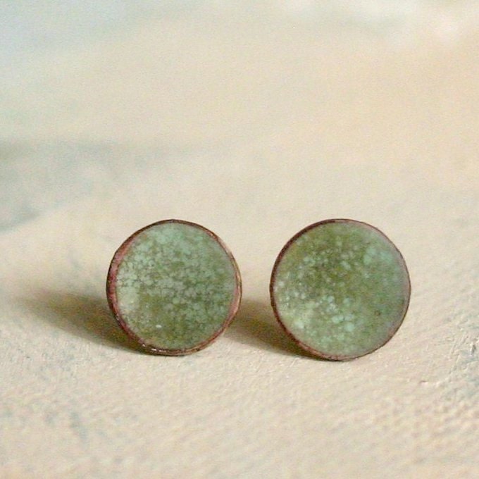 Sage Green Earrings Post - Moss color Copper Enamel Jewelry - Medium
