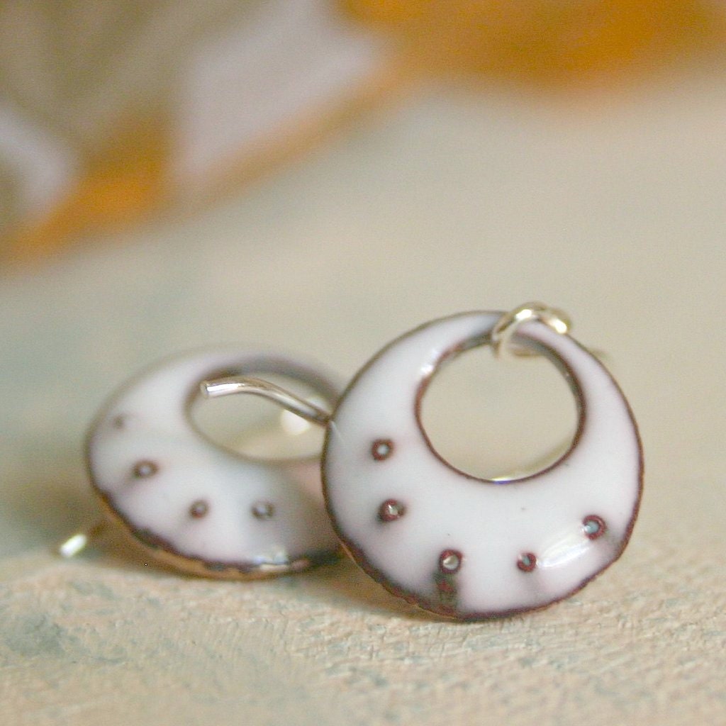 Rustic Hoop Earrings Copper Enamel Earrings OOAK White Enamel Jewelry