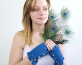 Cashmere Fingerless Gloves with Silk Ruffle. Bright Peacock Blue. Luxury Handknit. - KerreraSkye
