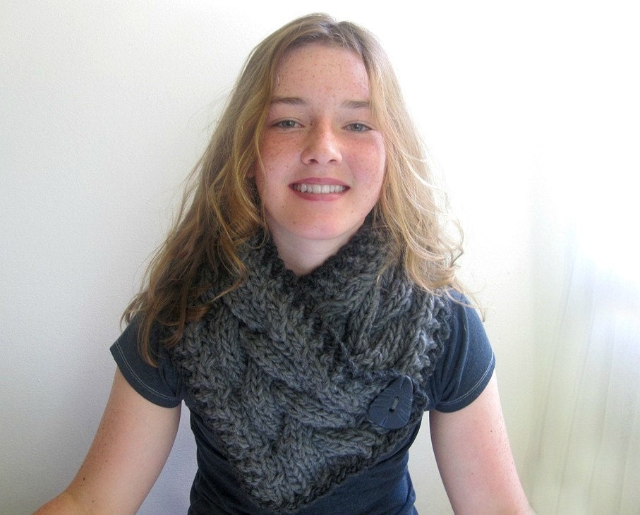 Cozy Winter Scarf - Scarflette. Handknit Cabled in Classic Gray. Alpaca and Wool.