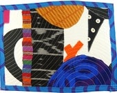 5.9.2012 small art quilt, contemporary, abstract, white, black and white dots, bright blue, orange, purple, yellow, ikat, stripes