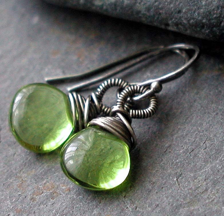 Lime Green Quartz Sterling Silver Wrapped Dangle Earrings - Sprout