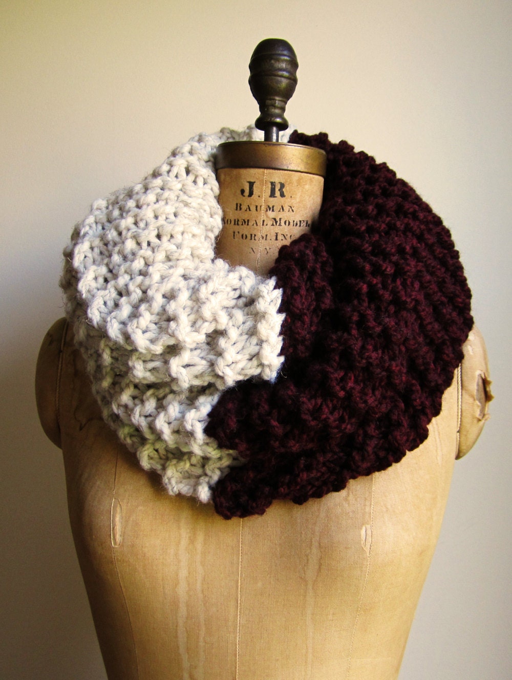 Super Snuggly Chunky knit cowl Burgundy Wine. Cream.
