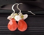 Cherry quartz earrings accented with pearls in ivory and green