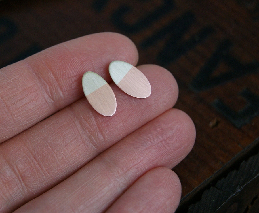 Silver and Copper Ovals, petite post earrings