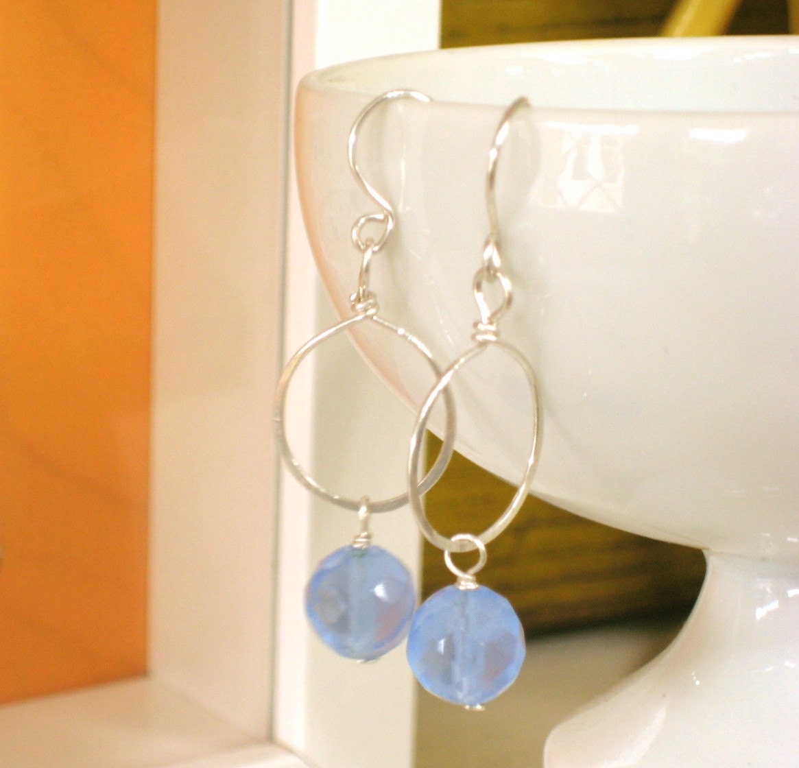 Sterling Silver Hoop Earrings with Periwinkle Crystal Drops