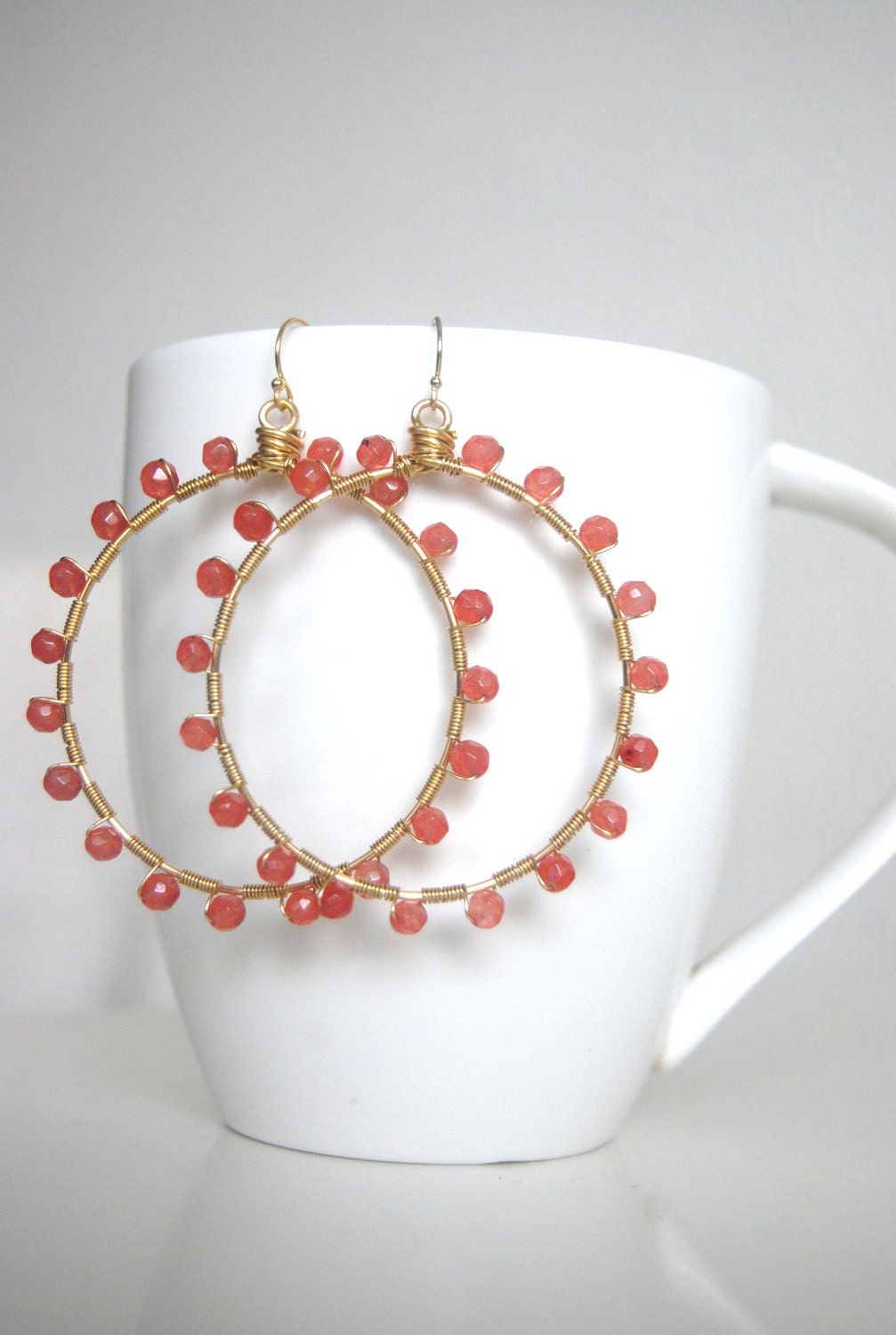 Sunburst Cherry quartz wrapped large hoops